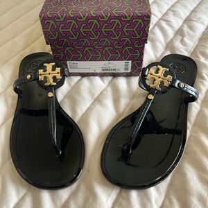 Tory Burch Black and Gold Logo Sandals